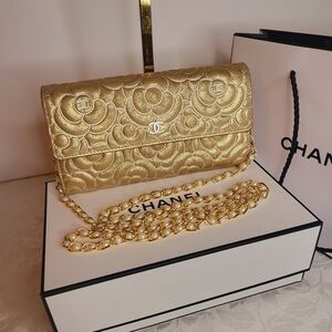 AUTHENTIC Chanel Camelia Embossed Gold Crossbody Wallet